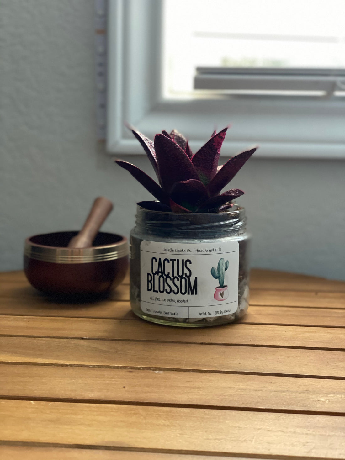 Repurposed candle jar with succulent plant